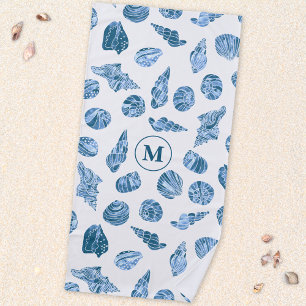 Serviette De Plage Monogramme Initial Naïutique Aquarelle Coquillage
