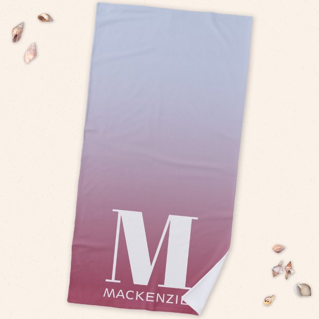 Serviette De Plage Monogramme Initial Nom Dégradé Rose Bleu (Modern monogram initial personalized pink blue gradient  beach towel)
