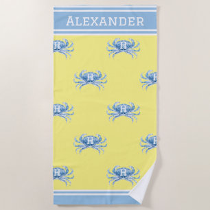 Serviette De Plage Monogramme Jaune n Bleu Aquarelle Crabe Nautique