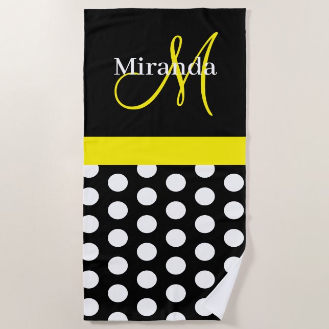 Serviette De Plage Monogramme jaune Noir Blanc Polka Dot Beach (Devant)
