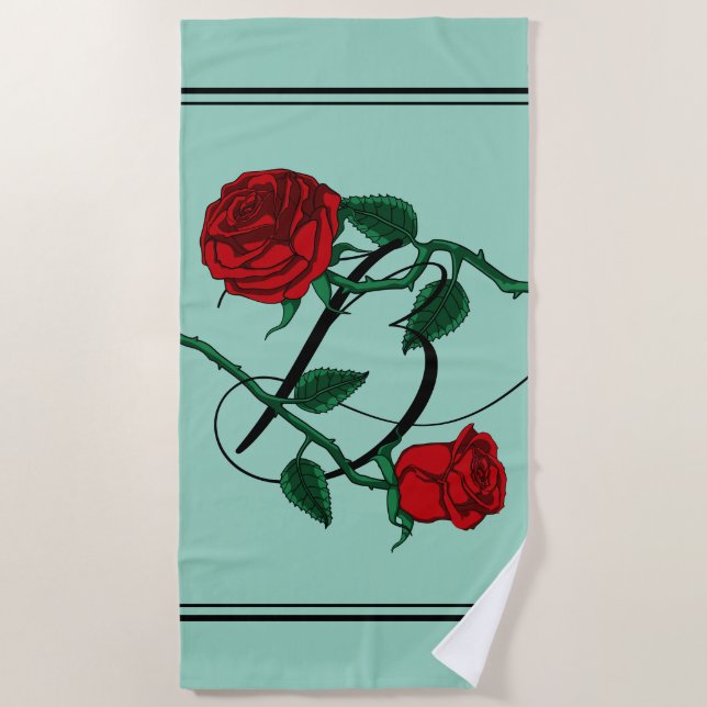 Serviette De Plage Monogramme Lettre B avec Roses Rouges Vert Clair (Devant)