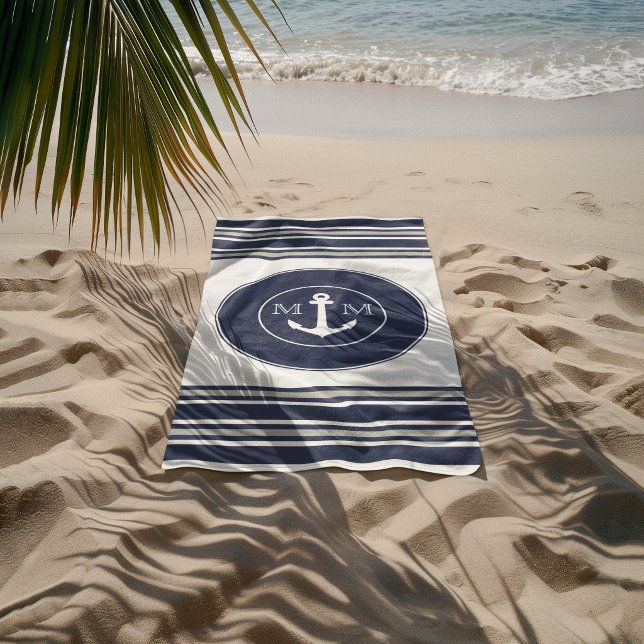 Serviette De Plage Monogramme Marin Moderne Blanc Bleu Marine Rayures (Créateur téléchargé)