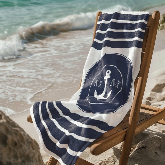 Serviette De Plage  Monogramme Marin Moderne Bleu Nuit Blanc Rayures (Créateur téléchargé)