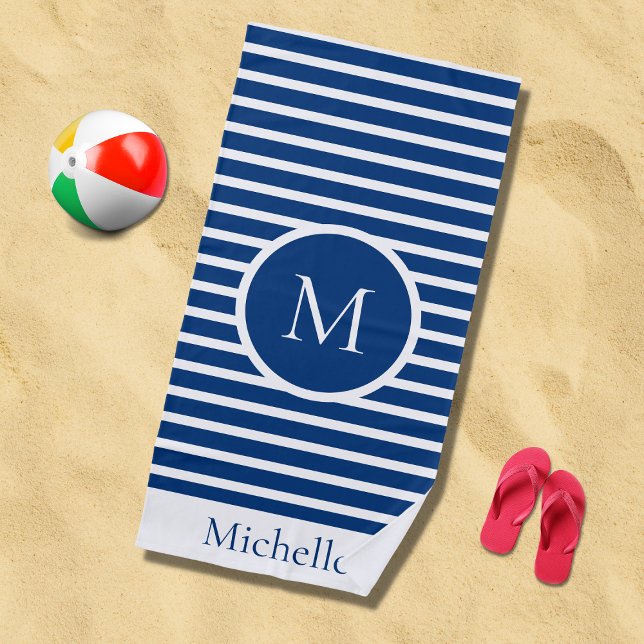 Serviette De Plage Monogramme marin rayé Marine et blanc (Créateur téléchargé)