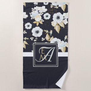 Serviette De Plage Monogramme Marine Bleu Blanc Floral Décor Anémone