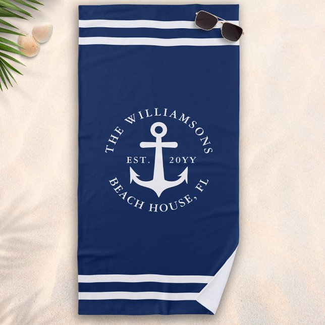 Serviette De Plage Monogramme Marine Bleu Bleu Ancre Nautique (Créateur téléchargé)