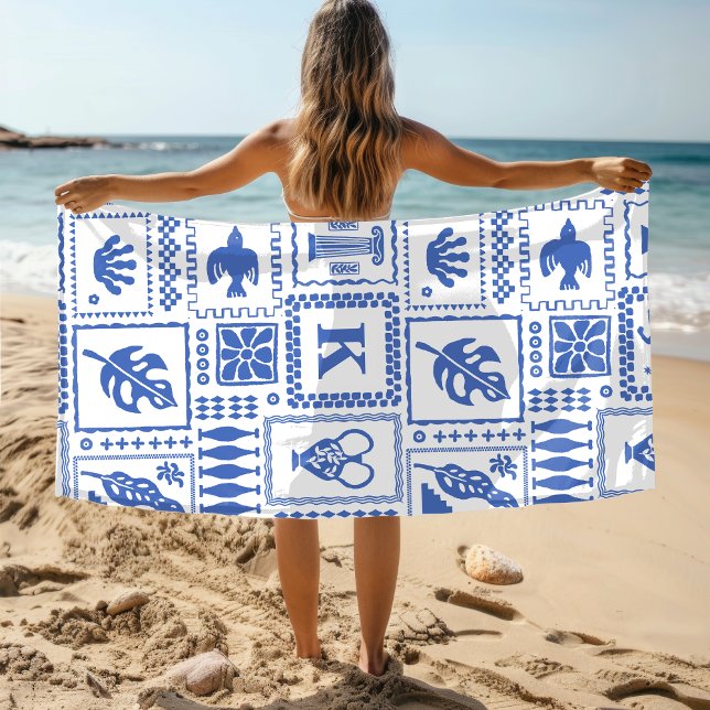 Serviette De Plage Monogramme Moderne Bleu Blanc Abstrait Motif (Créateur téléchargé)
