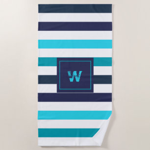 Serviette De Plage Monogramme moderne Bleu Turquoise rayures