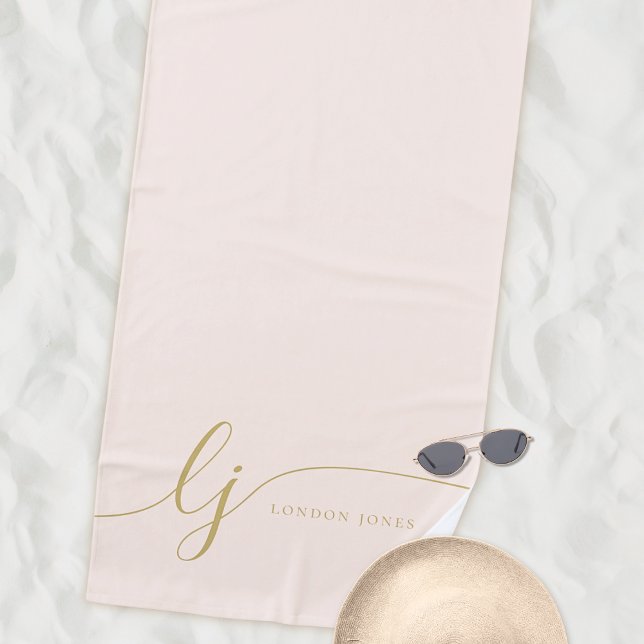 Serviette De Plage Monogramme Moderne Élégant Bleu Pink Gold Script (Créateur téléchargé)