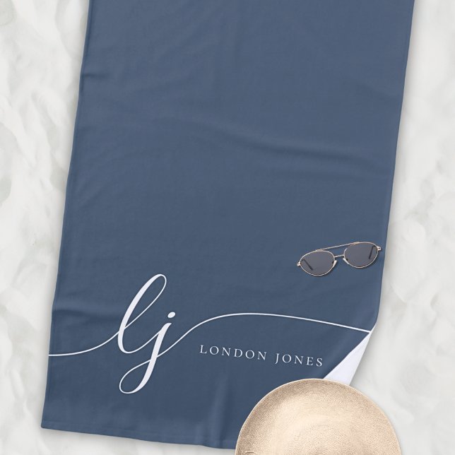 Serviette De Plage Monogramme Moderne Élégant Marine Blanche Initiale (Créateur téléchargé)