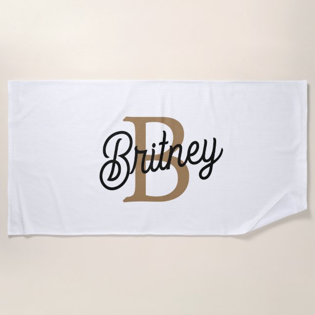 Serviette De Plage Monogramme moderne élégant Nom Black Gold Script (Devant)