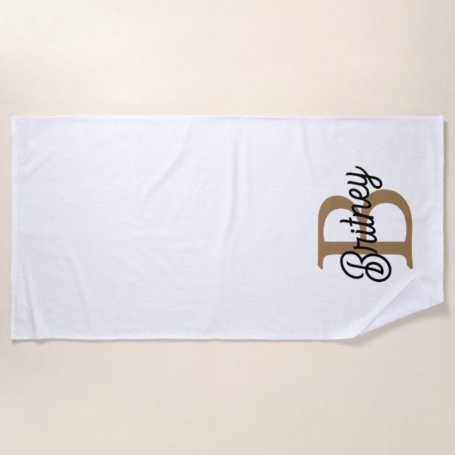 Serviette De Plage Monogramme moderne élégant Nom Black Gold Script (Devant)