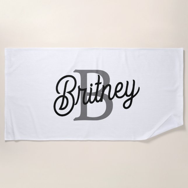 Serviette De Plage Monogramme moderne élégant Nom noir Gris noir Scri (Devant)