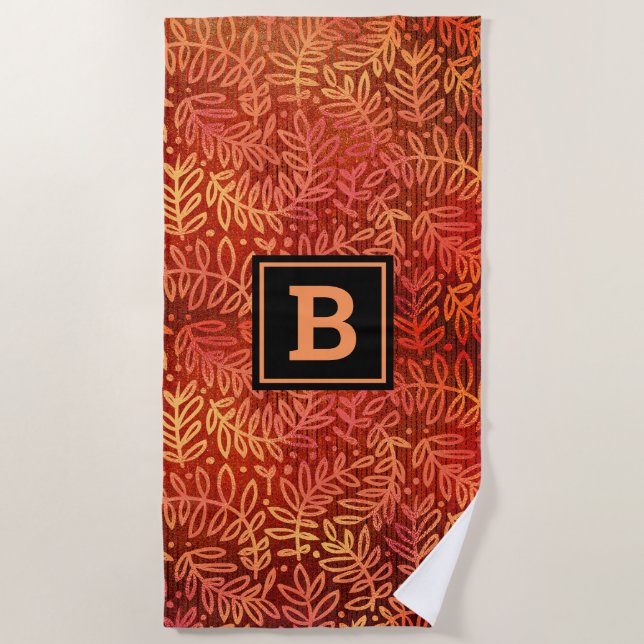 Serviette De Plage Monogramme moderne gras motif feuille or orange (Devant)