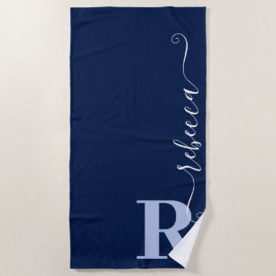 Serviette De Plage Monogramme moderne manuscrit Nom de script Marine 