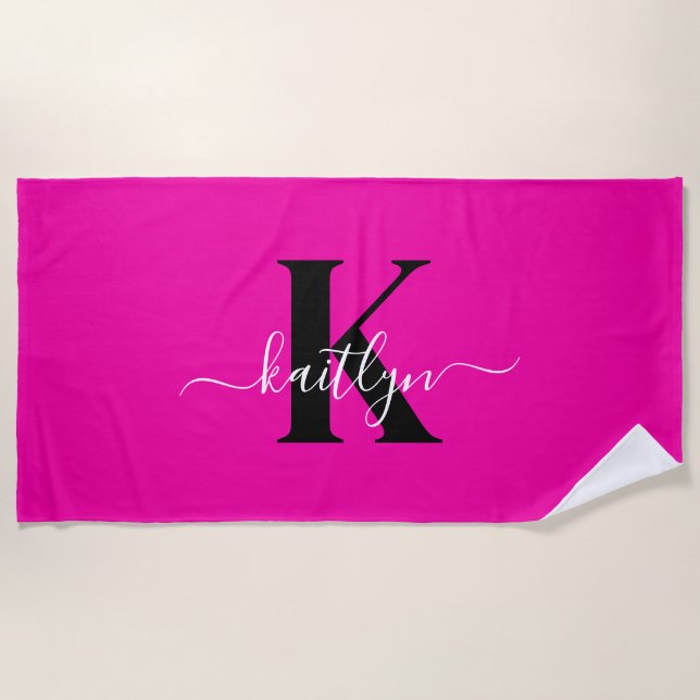 Serviette De Plage Monogramme moderne noir écriture cursive rose chau (Devant)