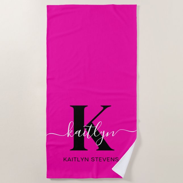 Serviette De Plage Monogramme moderne noir écriture cursive rose chau (Devant)