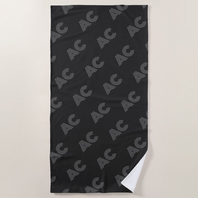 Serviette De Plage Monogramme moderne noir et gris (Devant)