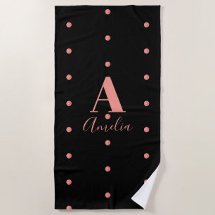 Serviette De Plage Monogramme moderne Nom Rose Gold Black Pois