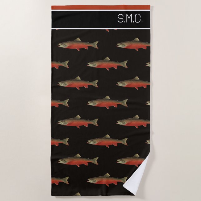 Serviette De Plage Monogramme moderne Poisson Saumon Design Noir Blan (Devant)