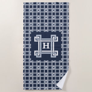 Serviette De Plage Monogramme motif clé grecque Navy Coastal