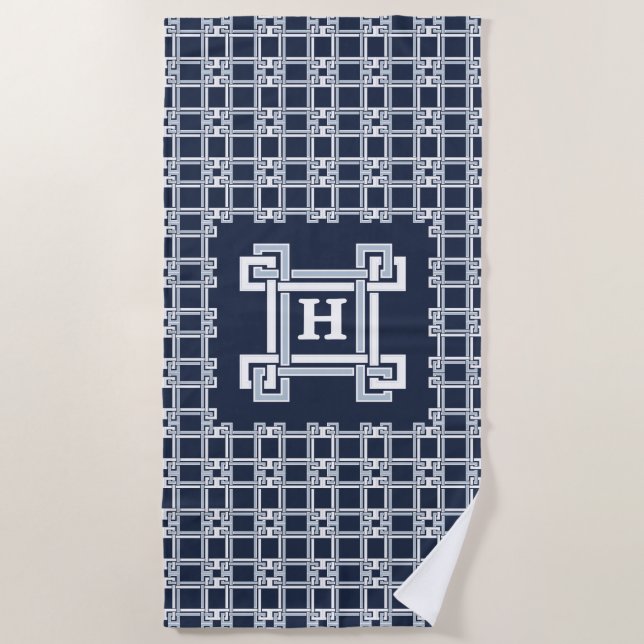 Serviette De Plage Monogramme motif clé grecque Navy Coastal (Devant)