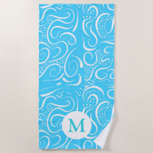 Serviette De Plage Monogramme Motif de de tourbillons Abstraits bleu