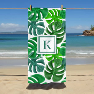 Serviette De Plage Monogramme Motif de feuille de palme tropicale