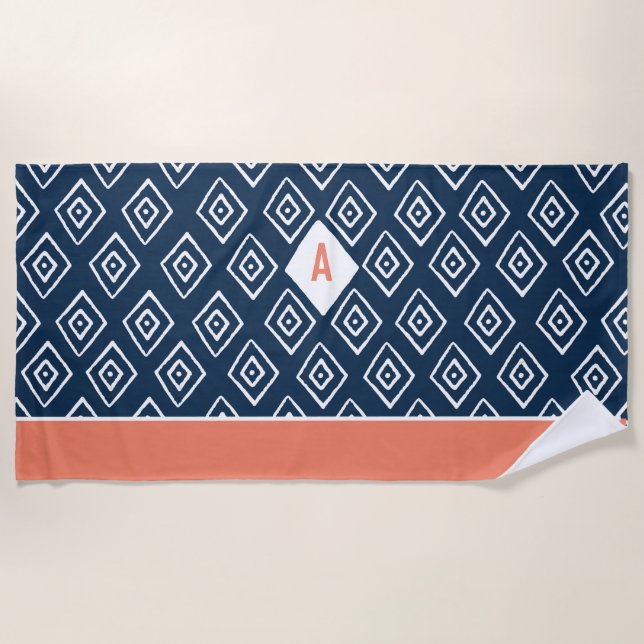 Serviette De Plage Monogramme Motif diamant tiré à la main (Devant)