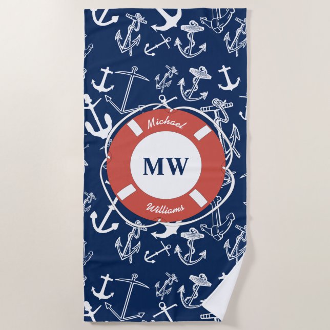 Serviette De Plage Monogramme nautique Ancre bleu marine Motif (Devant)