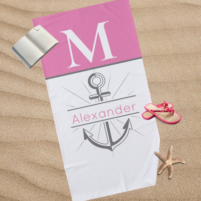 Serviette De Plage Monogramme nautique Ancre rose de Preppy (Créateur téléchargé)