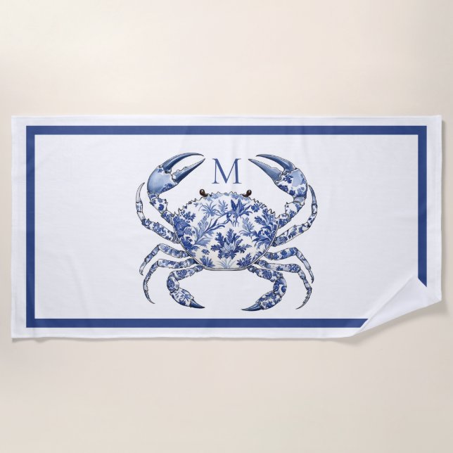 Serviette De Plage Monogramme nautique côtier au crabe bleu (Devant)