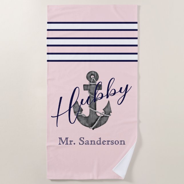 Serviette De Plage Monogramme nautique rose et Ancre bleu marine (Devant)