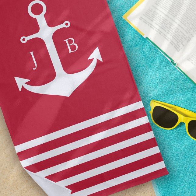 Serviette De Plage Monogramme nautique rouge blanc Ancre de bande (Créateur téléchargé)
