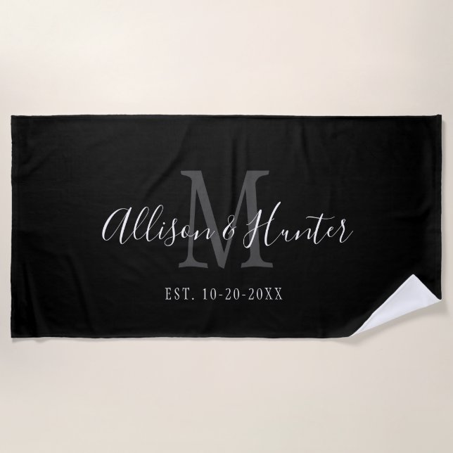 Serviette De Plage Monogramme noir blanc nouveau marié Mariage person (Devant)