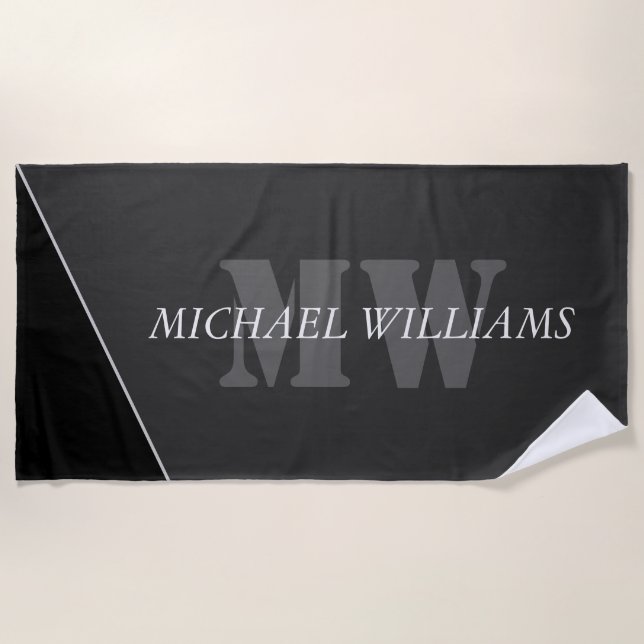 Serviette De Plage Monogramme noir gris artistique moderne (Devant)