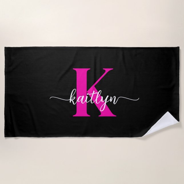 Serviette De Plage Monogramme noir rose (Devant)