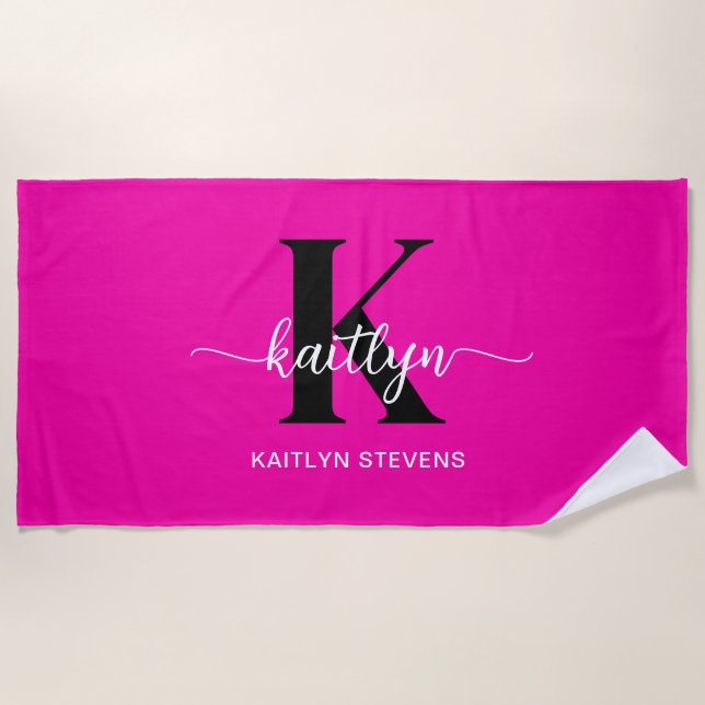 Serviette De Plage Monogramme noir rose chaud (Devant)