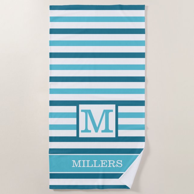 Serviette De Plage Monogramme Nom De Famille Aqua Bleu Et Blanc Gratt (Devant)