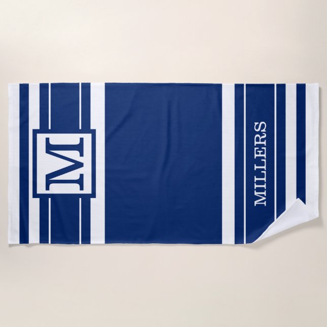 Serviette De Plage Monogramme Nom De Famille Marine Bleu Et Blanc Gra (Devant)