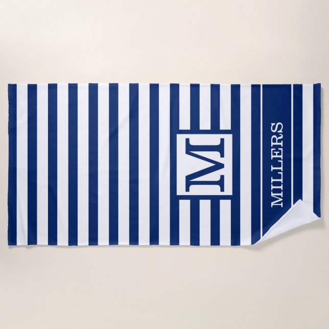 Serviette De Plage Monogramme Nom De Famille Marine Bleu Et Blanc Gra (Devant)