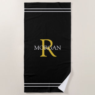 Serviette De Plage Monogramme/Nom Gold/Wht Texte Wht Stripes, Noir