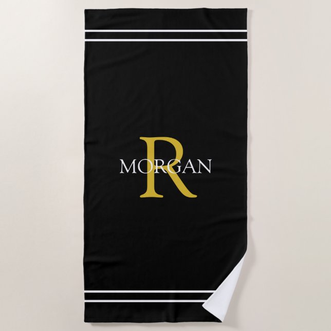 Serviette De Plage Monogramme/Nom Gold/Wht Texte Wht Stripes, Noir (Devant)