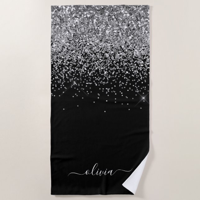 Serviette De Plage Monogramme Nom Paillettes Argent Noir Fille (Devant)