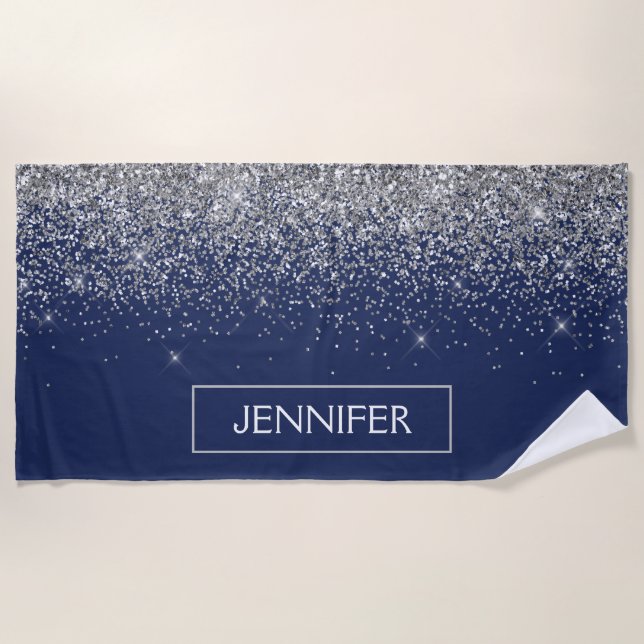 Serviette De Plage Monogramme Nom Paillettes Bleu Marine Argenté Fémi (Devant)