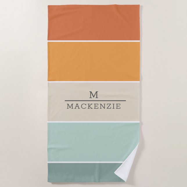 Serviette De Plage Monogramme Nom Personnalisé Rayure pêche bleu cora (Devant)