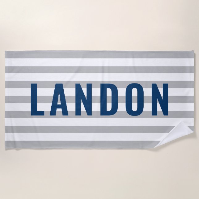 Serviette De Plage Monogramme Nom Rayure Grise Moderne Marine (Devant)