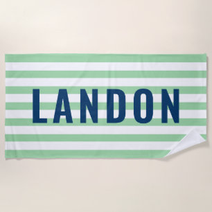 Serviette De Plage Monogramme Nom Rayure Menthe Marine Moderne