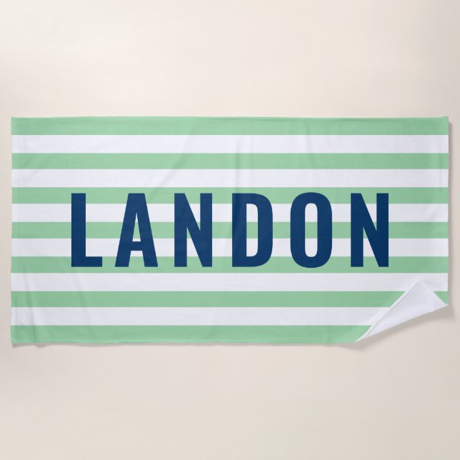 Serviette De Plage Monogramme Nom Rayure Menthe Marine Moderne (Devant)
