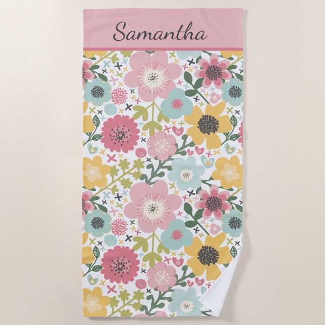 Serviette De Plage Monogramme Nom Rose Jaune Bleu Floral  (Devant)